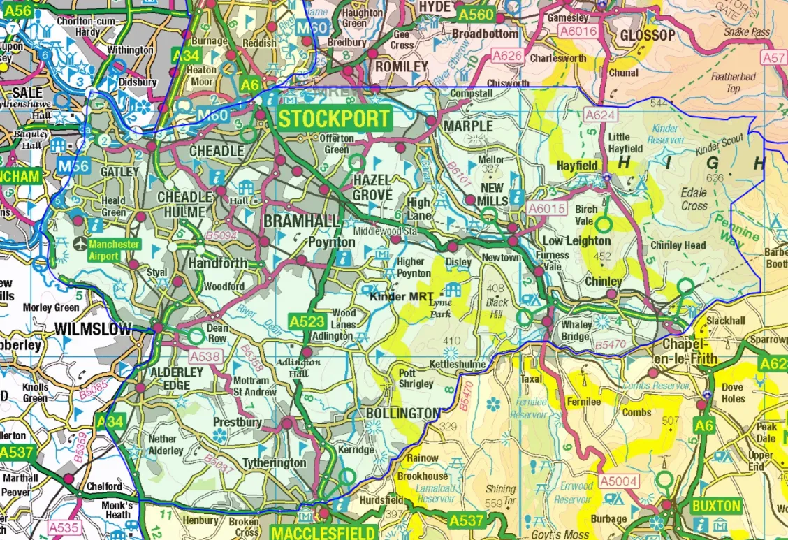 Map of Kinder Mountain Rescue Team's operational area, with the boundary marked in blue